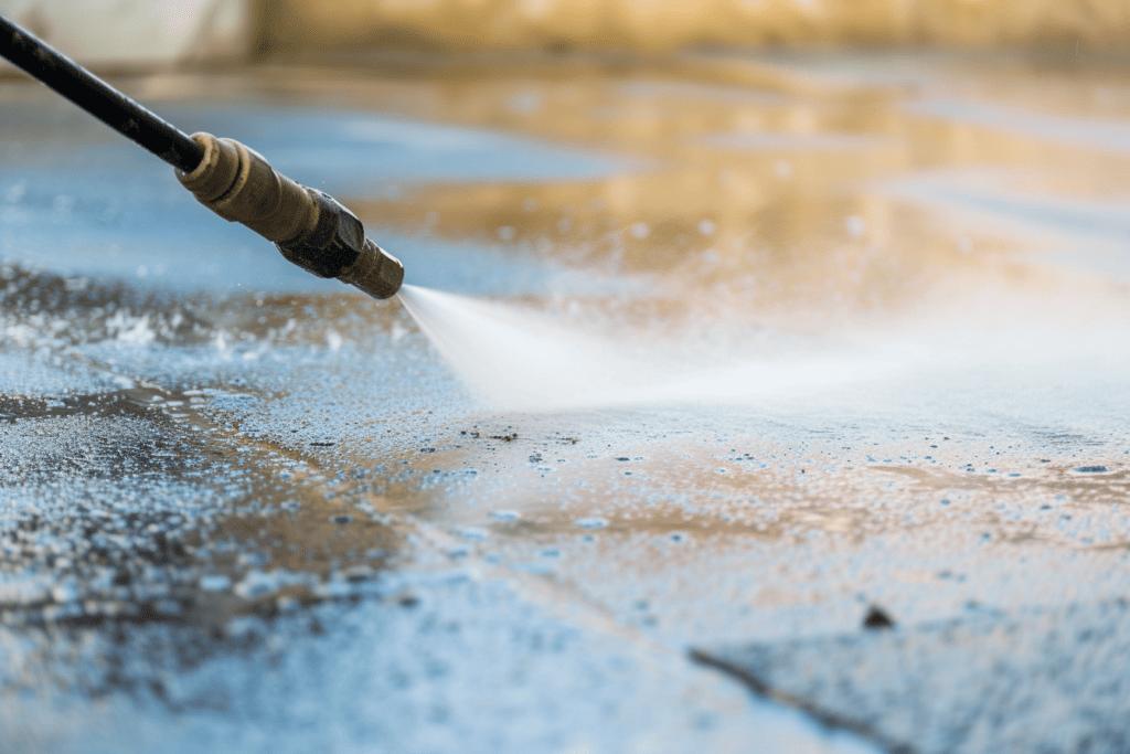 Close-up of a pressure washer wand blasting dirt off concrete, leaving a clean stripe behind.