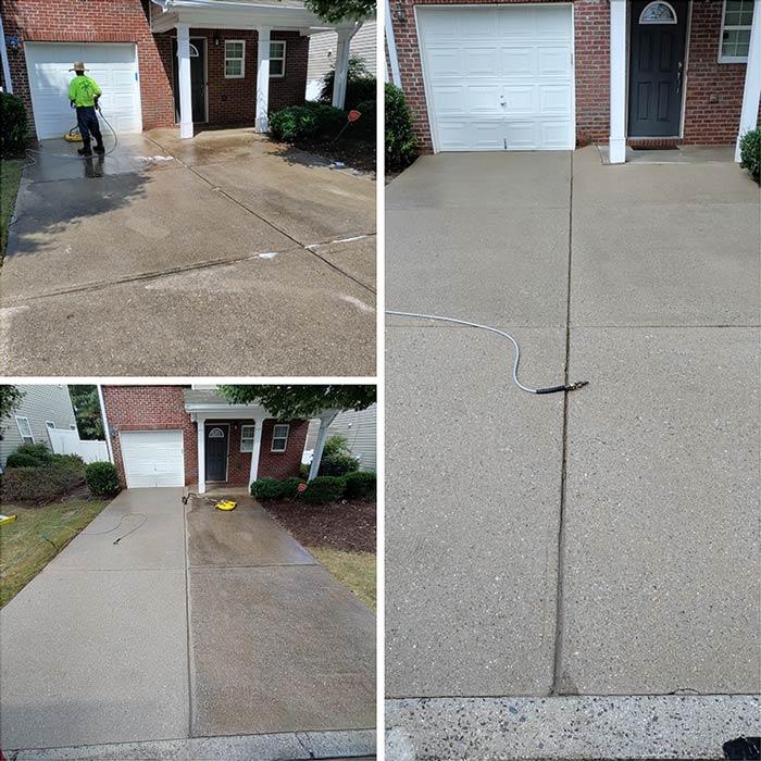 Before-and-after of a stained concrete driveway restored to a clean, even finish.