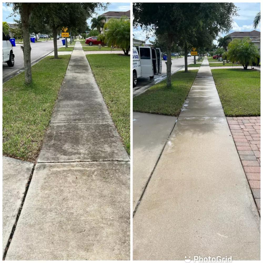 Before-and-after of a dirty neighborhood sidewalk pressure washed to a clean, even tone.